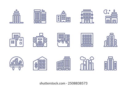 City line icon set. Editable stroke. Vector illustration. Containing skyscrapper, building, citybuilding, castle, office, skyscraper, night, officebuilding, fire.