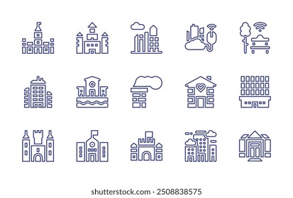 City line icon set. Editable stroke. Vector illustration. Containing pollution, castle, city, architectureandcity, skyline, chimney, orphanage, parliament, officebuilding.