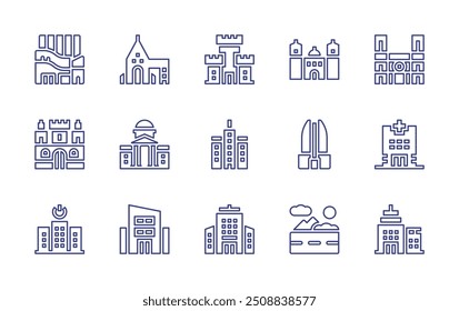 City line icon set. Editable stroke. Vector illustration. Containing road, officebuilding, goverment, building, lotteworldtower, office, hospital, apartment.