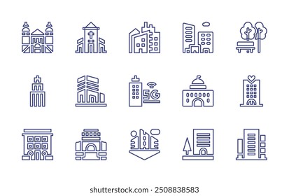 City line icon set. Editable stroke. Vector illustration. Containing financial, townhall, city, smartcity, bomjesusdomonte, office, chapel, officebuilding.