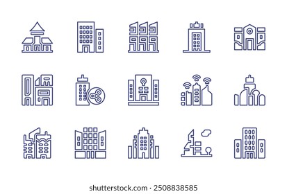 Conjunto de iconos de línea de ciudad. Trazo editable. Ilustración vectorial. Contiene condominio, ciudad inteligente, arquitectura moderna, edificio, edificios, centro de investigación, ciudad, casa.