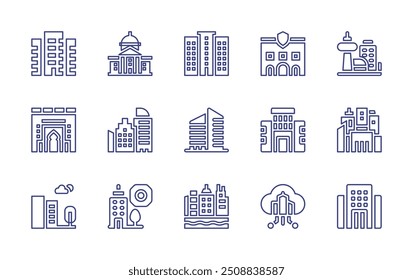 City line icon set. Editable stroke. Vector illustration. Containing cloudservice, building, citygate, city, architectureandcity, buildings, skyscraper, townhall.