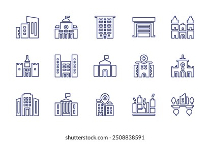 City line icon set. Editable stroke. Vector illustration. Containing cityhall, flat, floatingisland, hospital, garage, office, city, benthanhmarket, catedraldelima.