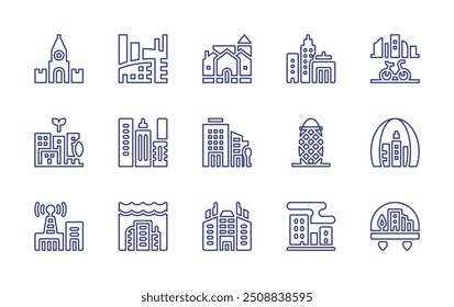 Conjunto de ícones da linha da cidade. Traçado editável. Ilustração vetorial. Contendo cidade, subseacidade, cidade sustentável, construção, telecomunicações, aldeia, spasskayatower, arranha-céu.