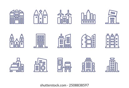 City line icon set. Editable stroke. Vector illustration. Containing city, church, building, architectureandcity, taxi, officebuilding, cathedraloflima, office, petra.