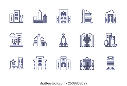 Conjunto de iconos de línea de ciudad. Trazo editable. Ilustración vectorial. Contiene ciudad, edificios, edificio de cristal, casa, horizonte, dubai, iglesia del holysepulcher, centro de investigación.