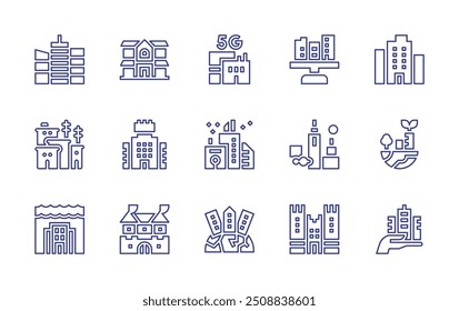 Conjunto de ícones da linha da cidade. Traçado editável. Ilustração vetorial. Contendo castelo, cidade, mansão, superpopulação, subseacidade, kibera, arranha-céu, outdoor.