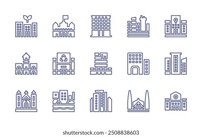 City line icon set. Editable stroke. Vector illustration. Containing canal, sustainable, mexico, officebuilding, cityscape, cabildo, church, recycling, office.