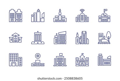 Conjunto de ícones da linha da cidade. Traçado editável. Ilustração vetorial. Contendo edifícios, escola, cidade, smartcity, arquitetura e cidade, edifício, casablanca, ong, parque, castelo.