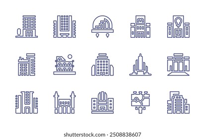 City line icon set. Editable stroke. Vector illustration. Containing burjkhalifa, city, architectureandcity, building, coliseum, nightclub, officebuilding, company, bank.