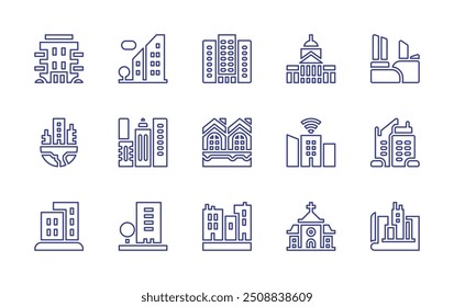 City line icon set. Editable stroke. Vector illustration. Containing building, smartcity, city, architect, skyscraper, cityhall, officebuilding, church, ruins.