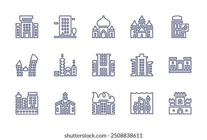 Conjunto de ícones da linha da cidade. Traçado editável. Ilustração vetorial. Contendo edifício, cidade, castelo, subaquática, arquiteturandcity, templo, keppelbay, tajmahal.