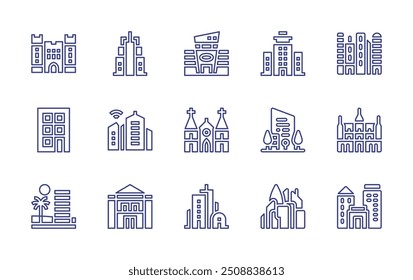 Conjunto de iconos de línea de ciudad. Trazo editable. Ilustración vectorial. Contiene edificio, ciudad, edificios, brusselscitymuseum, ayuntamiento, smartcity, centro comercial, notredame, castillo de viento.