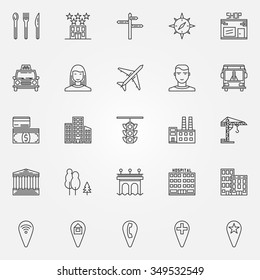 City line icons set - vector location symbols or town logo elements in thin line style