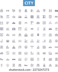 City line icons, signs set. urban, metropolis, municipality, settlement, town, village, borough, zone, conurbation outline vector illustrations.