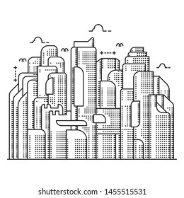 City line template. Thin line City landscape. Downtown landscape with high skyscrapers. Panorama architecture Goverment buildings Isolated outline illustration. Urban life Vector illustration 