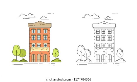 City line vintage house vector illustration set with multi storey apartment building with trees and clouds in colorful and black outline design isolated on white background.