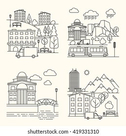 City linear elements. City buildings and transport, urban landscape in line style. Vector illustration