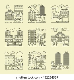 City linear style landscapes. City line concepts vector illustration