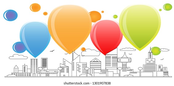City lines with balloons floating in the sky for writing messages Images for decoration or summary