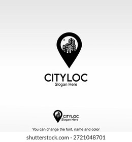 City Loc Logo Template Design Vector. A location pin with city imagery representing urban mapping, city navigation, and location-based services.
