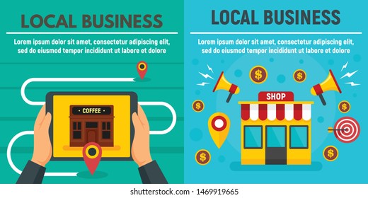 City local business shop banner set. Flat illustration of city local business shop vector banner set for web design