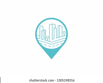 City location Logo. Vector design of Real Estate icons - Skyline - Construction - Buildings with modern clean lines, GPS Locator Vector Logo