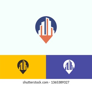 City location Logo. Vector design of Real Estate icons - Skyline - Construction - Buildings with modern clean lines, GPS Locator Vector Logo