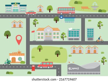 City location map with roads, houses, cars, parks and buildings 