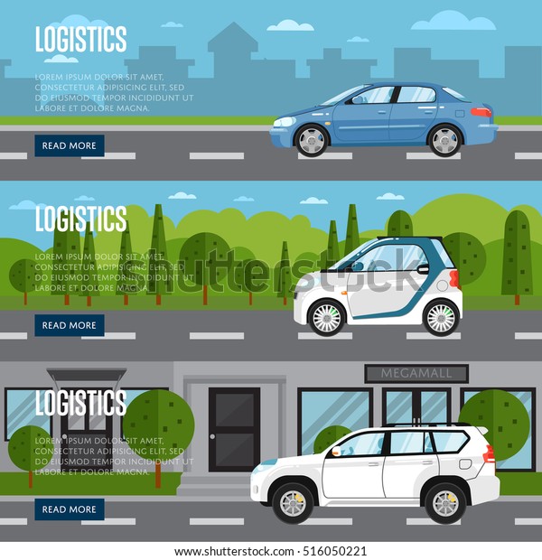 City logistics. Shipping, road delivery, logistics\
service and urban traffic illustration. Vector public and\
commercial car vehicle over city background. Smart transportation\
header banner set\
