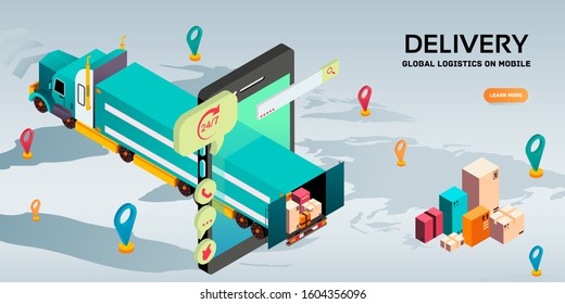 City logistics. Warehouse, truck, forklift, courier, delivery man, on mobile. Vector illustration. Online delivery service concept, online order tracking,Delivery home and office.
