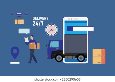 City logistics. Warehouse, truck, forklift, courier, drone and delivery man 2d vector illustration concept for banner, website, landing page, flyer, etc