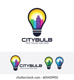 City logo design. Ideas, Creative, Lightbulb and Cityscape logo concept. Vector logo template
