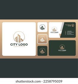 city logo design with tower or building and business card