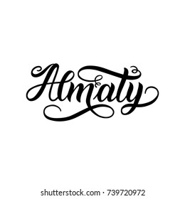 City logo isolated on white. Black label or logotype. Vintage badge calligraphy in grunge style. Great for t-shirts or poster. Almaty, Kazakhstan