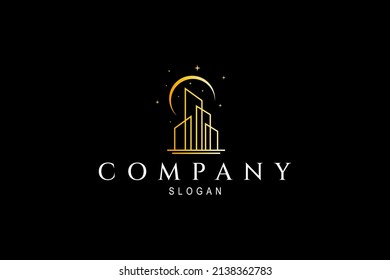 city logo at night with tall buildings decorated with the moon and sparkling stars adds an elegant impression to the logo with a line art concept