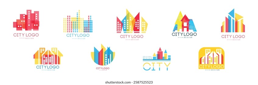 City Logo Original Design with Bright Geometrical Shape Vector Set