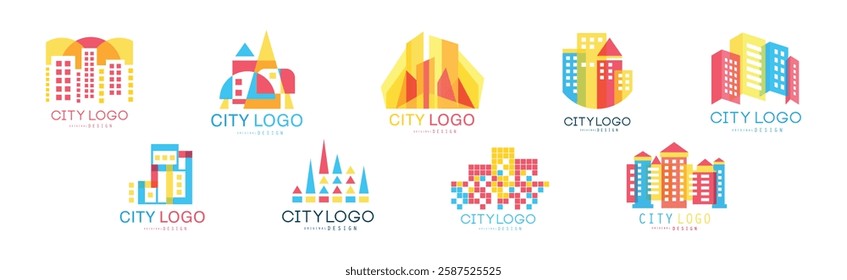 City Logo Original Design with Bright Geometrical Shape Vector Set