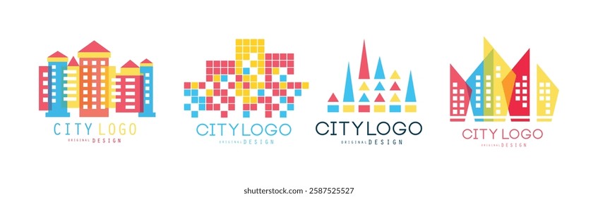 City Logo Original Design with Bright Geometrical Shape Vector Set