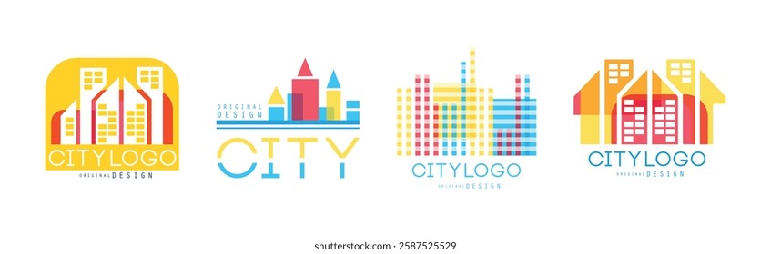 City Logo Original Design with Bright Geometrical Shape Vector Set