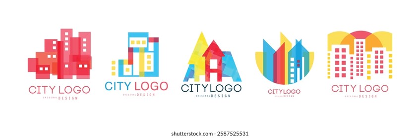 City Logo Original Design with Bright Geometrical Shape Vector Set