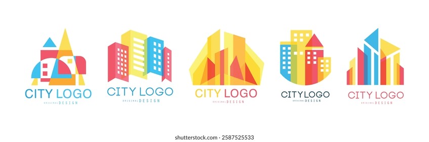 City Logo Original Design with Bright Geometrical Shape Vector Set