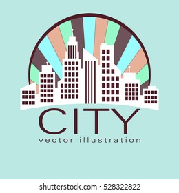 City logo, vector building web icon, label, urban landscape, city silhouettes, cityscape, town skyline, skyscrapers. Contour bright houses in round frame and text on blue background