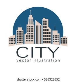 City logo, vector building web icon, label, urban landscape, city silhouettes, cityscape, town skyline, skyscrapers. Contour light beige houses in blue round frame and text