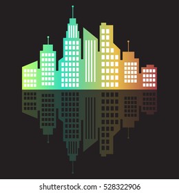 City logo, vector building web icon, label, button, city night, urban landscape, city silhouettes, cityscape, town skyline, skyscrapers. Contour multicolor house and reflection on black background