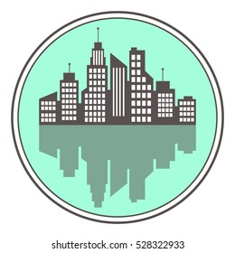 City logo, vector building web icon, label, button, urban landscape, city silhouettes, cityscape, town skyline, skyscrapers. Contour house with windows and reflection in round frame on blue background