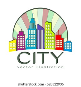 City logo, vector building web icon, label, urban landscape, city silhouettes, cityscape, town skyline, skyscrapers. Contour multicolored houses in round frame and text