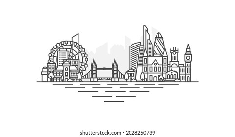 City of London, United Kingdom architecture line skyline illustration. Linear vector cityscape with famous landmarks, city sights, design icons, with editable strokes isolated on white background.