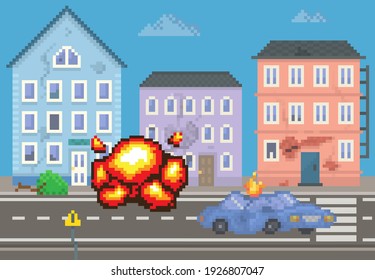 City with long road along houses destroyed by explosions. Ruined city downtown landscape with damaged buildings. Design for mobile app, computer game. Passenger car with deformed roof is burning svg