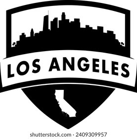 City of Los Angeles California black and white shield style city buildings silhouette shield graphic with knockout white outline of the state border shape under name. Vector eps design. 